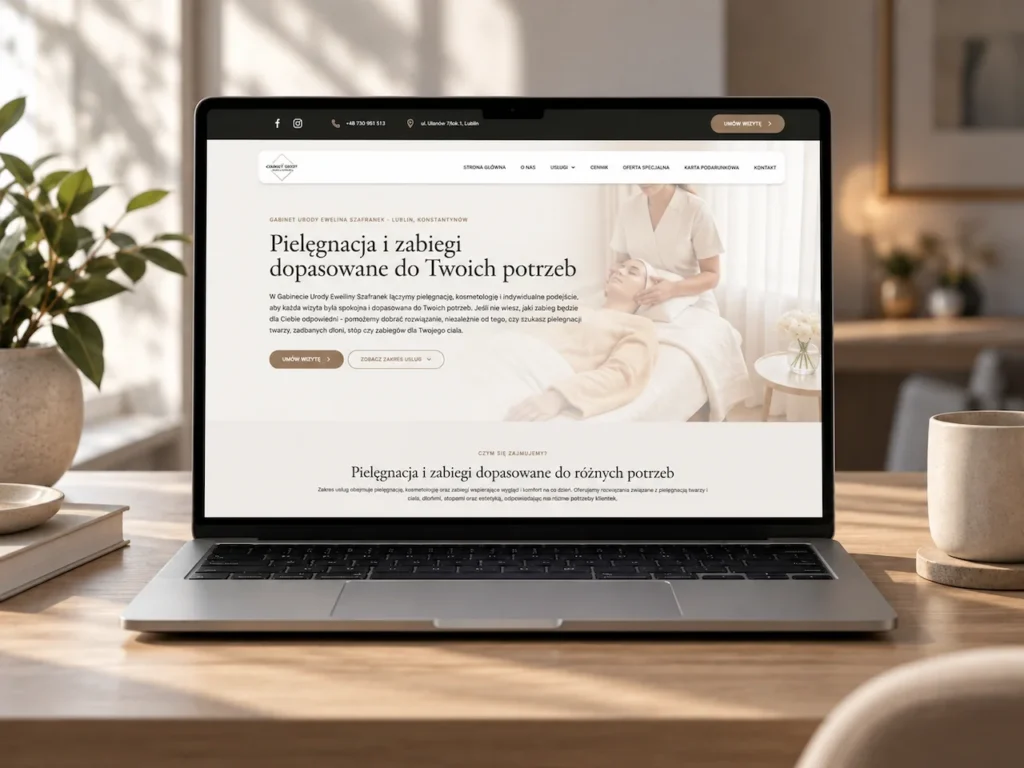 Strona gabinetu urody w Lublinie z uporządkowaną ofertą i newsletterem