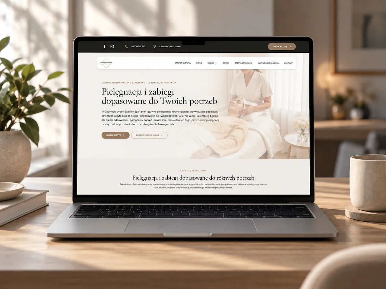 Strona gabinetu urody w Lublinie z uporządkowaną ofertą i newsletterem